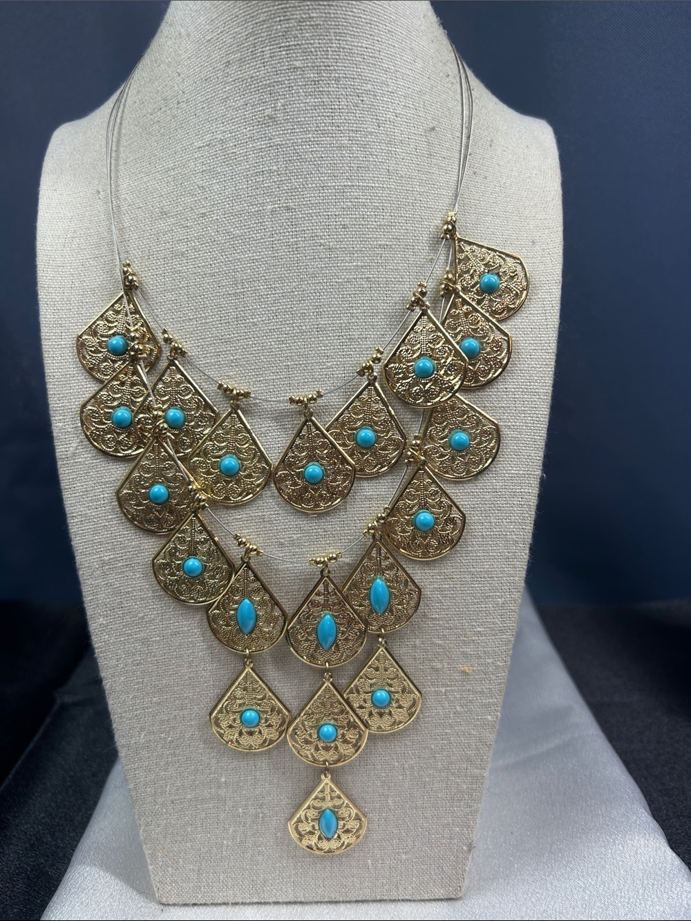 Express Gold Tone Filigree Multi-Tier Necklace with Turquoise Accents